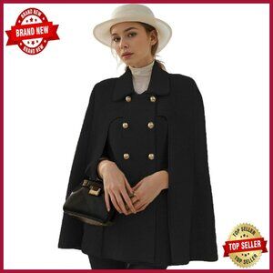 Wool Blend Cape Coat Double-Breast Slit Sleeve Poncho Winter Warm
